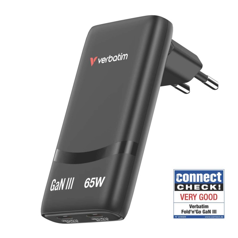 VERBATIM Caricatore GaN Fold 'n' Go 65W 2-Port EU Plug - Nero 32354T.-Code: 85044095 EAN Code 0023942323549