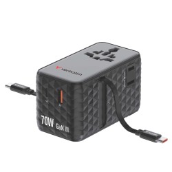 VERBATIM Charge 'n' Travel 70W Adattatore da viaggio universale GaN III con 2 cavi USB-C retraibili, 1 porta USB-C, 1 porta USB-